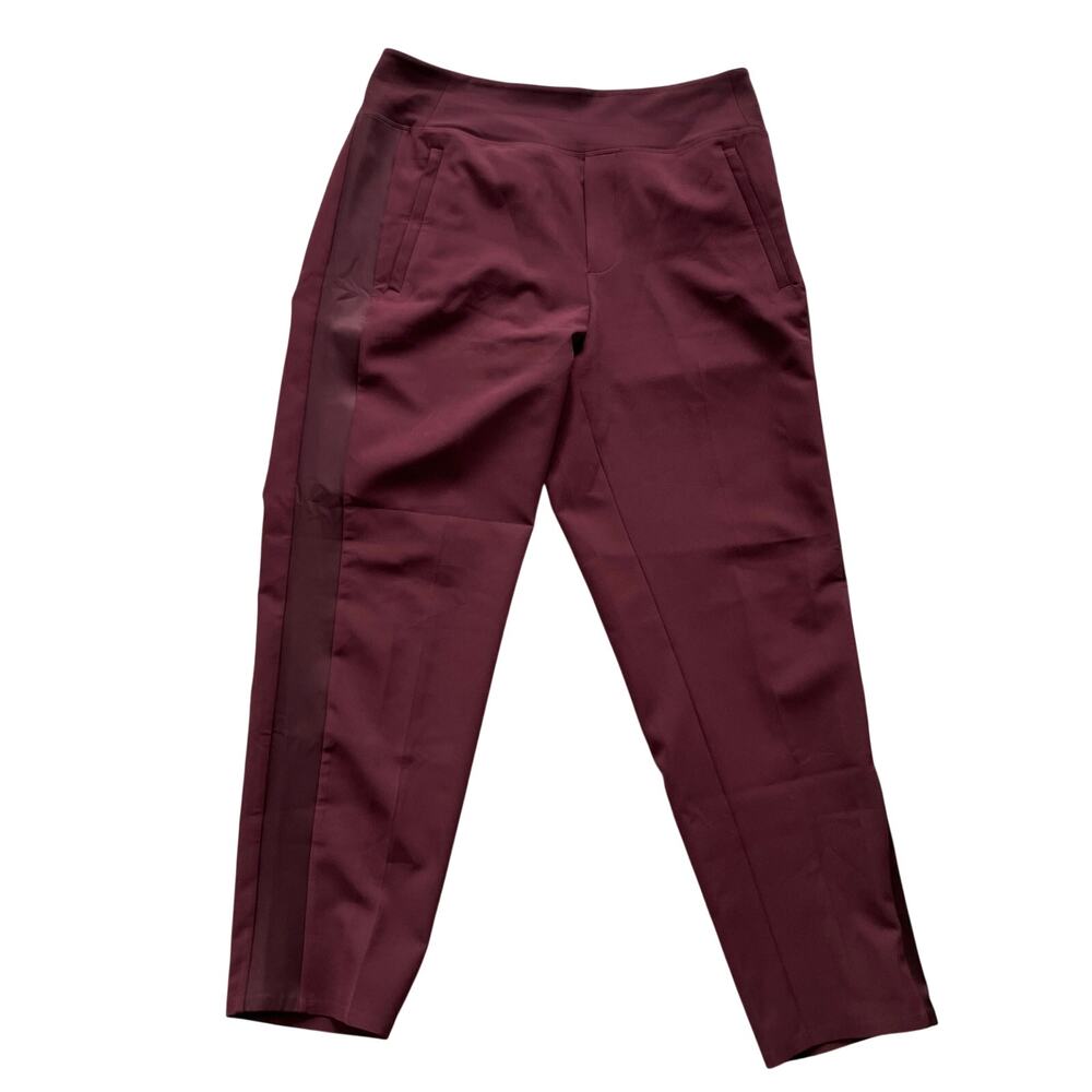 ATHLETA Endless Satin Side Stripe Ankle Pant Size 10 Burgundy High Rise